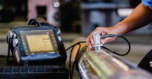 A person holding a handheld device from an ultrasonic testing machine against a large, round metal bar.