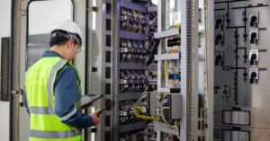 A technician in a safety vest inspects an open industrial electrical control cabinet filled with wiring and switches.