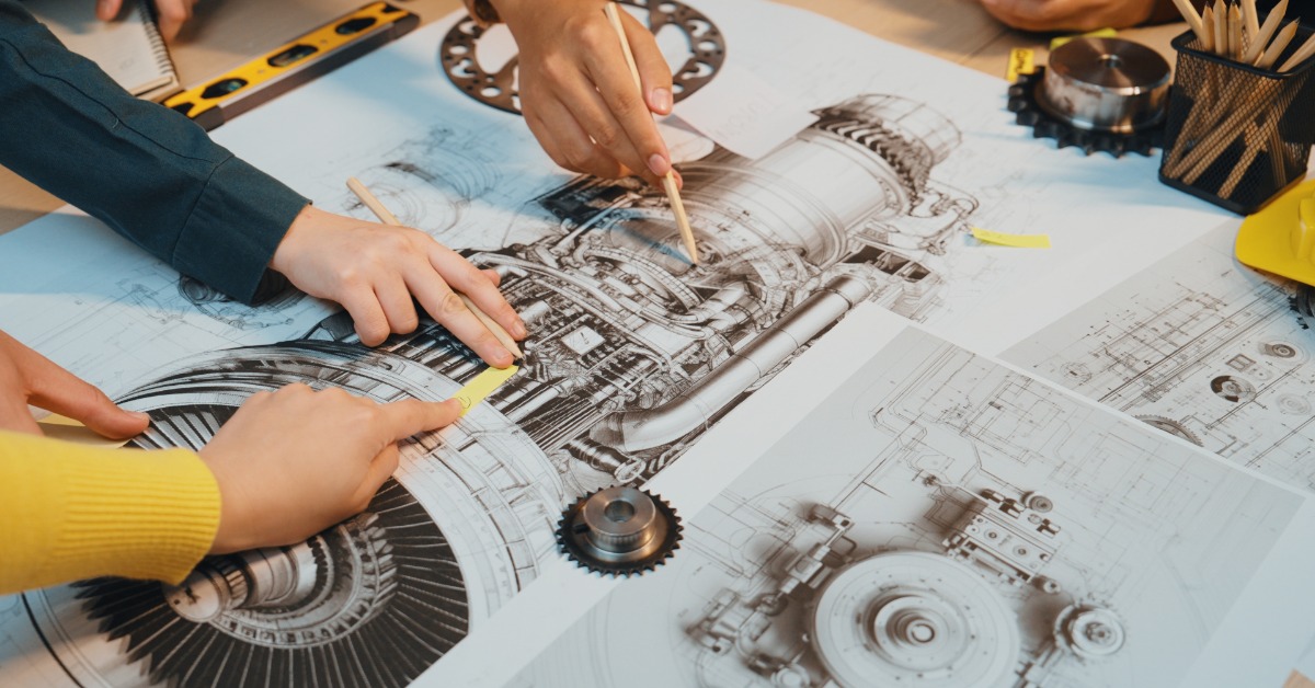 Engineers review detailed technical drawings of a turbine engine with metal component samples placed on the blueprints.