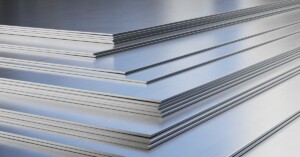 A stack of smooth metal sheets sits neatly layered, showing clean edges and uniform thickness across the polished surfaces.