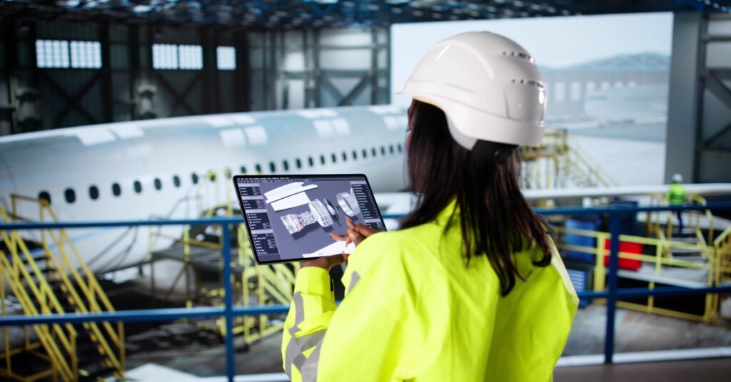 An aerospace engineer looks at a tablet containing aerospace part diagrams while standing beside a hangar.