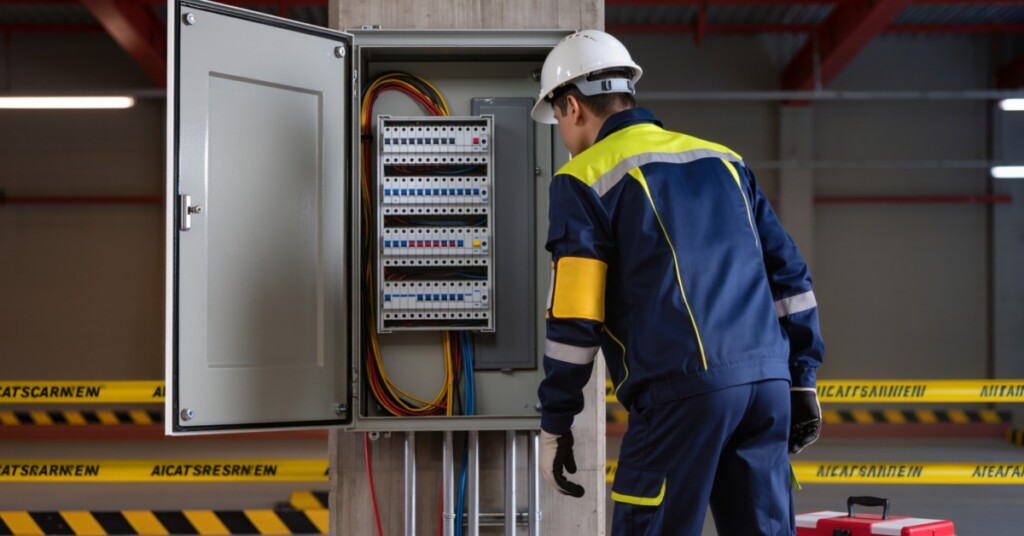 A worker inspects an open electrical enclosure with breakers, wiring, and conduit in an industrial facility.