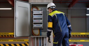 A worker inspects an open electrical enclosure with breakers, wiring, and conduit in an industrial facility.