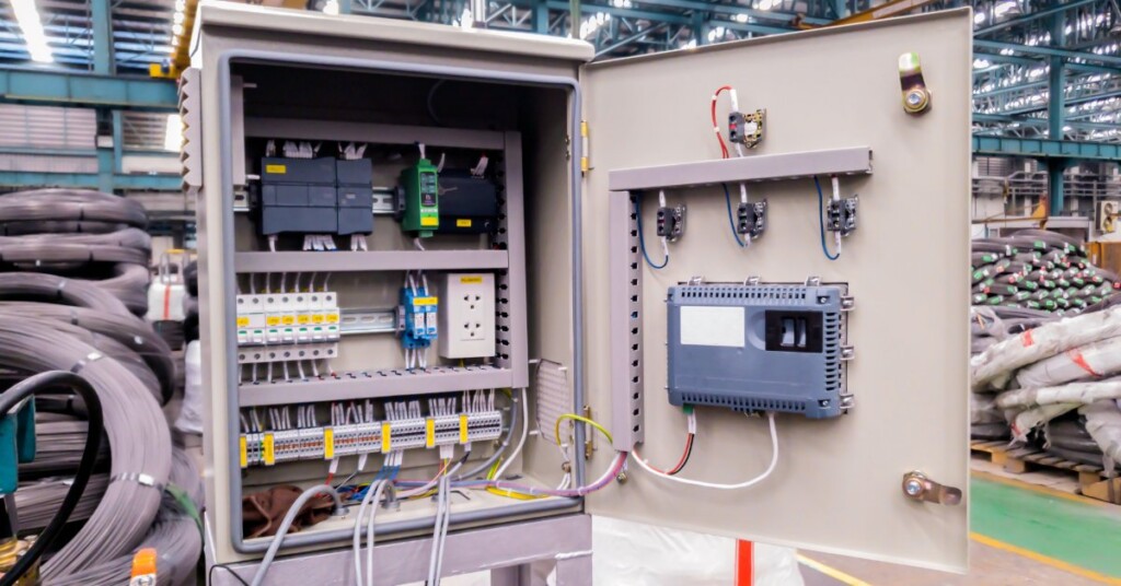 An open electrical control cabinet inside a factory reveals circuit breakers, wiring, and mounted components.