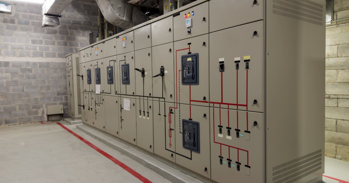 A large electrical switchgear cabinet lines a concrete utility room with labeled panels, breakers, and vents.