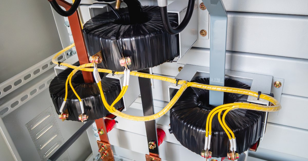 Three black electrical transformers connect to yellow wiring and copper bus bars inside a metal enclosure.