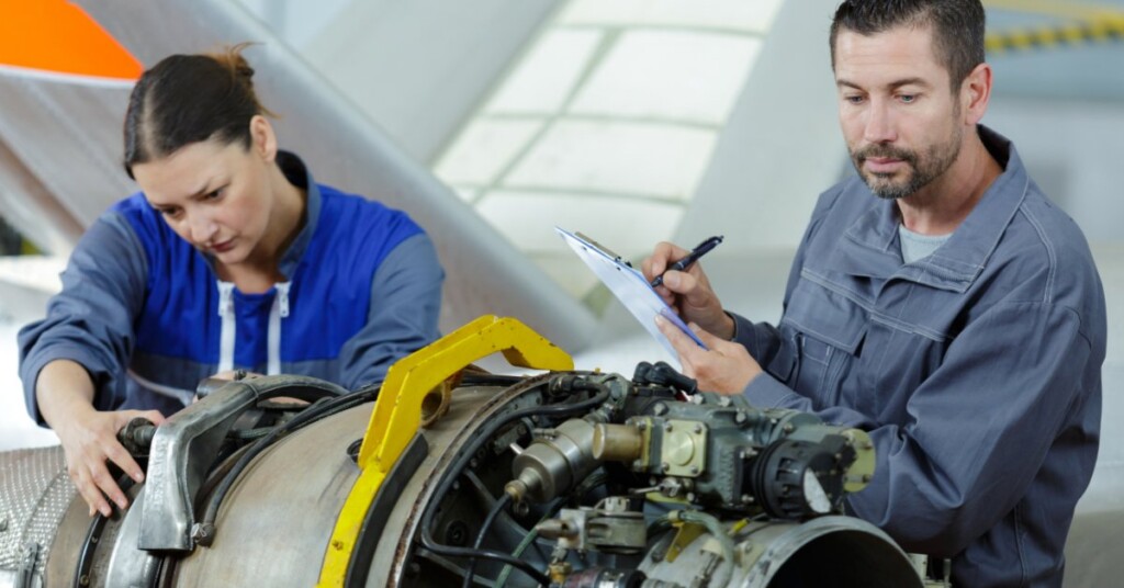 Two aircraft mechanics inspect a jet engine as one checks components and the other records notes on a clipboard.